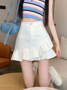Women's Casual Patchwork Ruffle Hem Denim Mini Skirt White - White - View 3