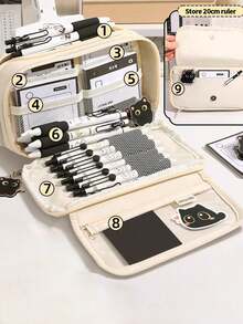 Hộp bút 9 tầng nắp lật, dung tích lớn, màu trơn, hình mèo hoạt hình, hộp đựng văn phòng phẩm để bàn học, có thể dùng để đựng nhiều vật dụng như bút chì, tẩy, thước kẻ, cũng như làm túi đựng đồ dùng ký túc xá. Một hộp bút đa năng cho mùa tựu trường, phù hợp cho trường học, lớp học thêm, văn phòng, cả nam và nữ, và nhân viên văn phòng. Phụ kiện được bao gồm, nhưng một số tùy chọn không kèm phụ kiện. Túi đựng bút, cặp sách, đồ dùng học tập. - Nhiều màu - Xem 3