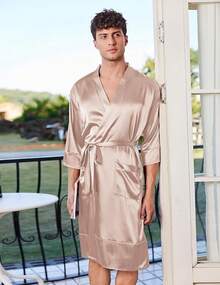 Mens Satin Robe Lightweight Silky Kimono Bathrobe 3/4 Sleeve Spa Knee Length Loungewear With Pockets S-3XLhalloween - 香檳色 - 查看 4