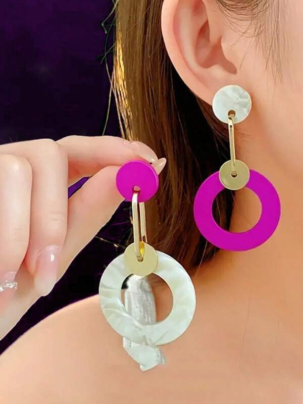 1 Pair Acrylic Color Block Circle Drop Earrings For Women