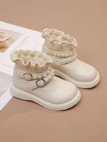 Girls Princess Sock Boots 2025 Autumn/Winter New Style Children's Ankle Boots Kids Boots Pearl Decor Knitted Boots - Beige - View 3