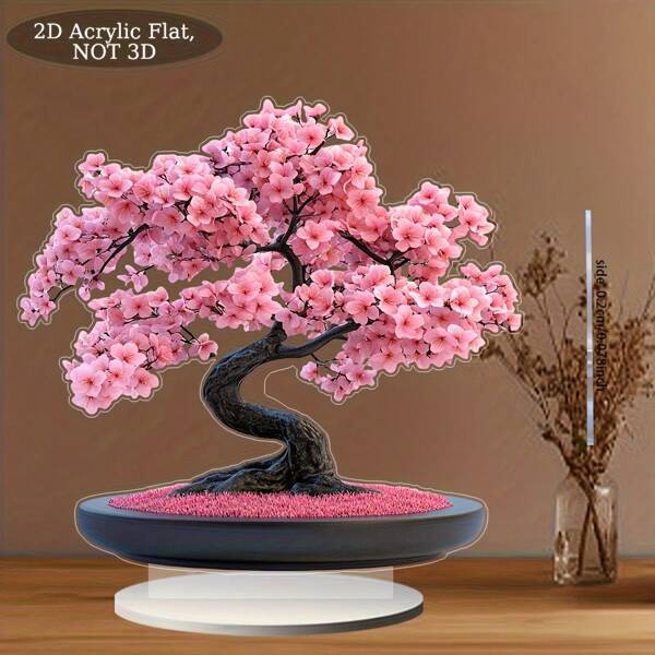 2D Flat 1pc Pink Sakura Acrylic Bonsai Tree Decor, Round Tabletop Display With Black Trunk And Vibrant Pink Flowers, Perfect For Valentine's Day, Easter And Seasonal Indoor Decor, Ideal Gift For Friends, Traditional Style Seasonal Indoor Decoration, Vibrant Floral Design, Sakura Ornament