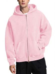Faiable Mens Womens Zip Up Hoodie Oversized Acid Wash Hoodies Heavyweight Distress Cotton Fleece Zipper Hoodie Vintage - 粉色 - 查看 5