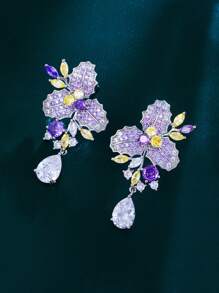 1 Par de Brincos Longos Pendentes com Flor e Folha Roxa de Zircônia Cúbica, Joia de Prata com Zircônia Cúbica para Mulheres, Adequado para Noivas, Noivado, Casamento, Banquete, Festa, Formatura, Madrinhas, Presente de Natal