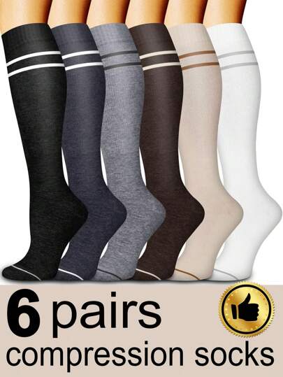 6 pares de meias de compressão para mulheres e homens, meias de compressão até o joelho, adequadas para atletismo, corrida, ciclismo, caminhada, viagem, meias de outono