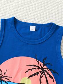 2 件套男童无袖休闲度假棕榈树印花背心套装，轻盈凉爽的夏季服装 - 藍色 - 查看 3