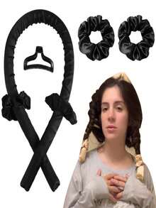 4 件套免加热卷发器套装（适合长发女性）、带夹子的隔夜卷发器、打造无损伤波浪的卷发丝带套装、返校季、旅行度假必备品、女士发饰 - 黑色 - 查看 2