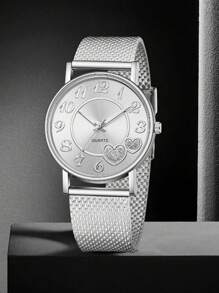 Ensemble de bijoux de 4 pièces pour femmes comprenant : montre à quartz avec cadran en forme de cœur et chiffres arabes, collier et boucles d'oreilles assortis. Bracelet en argent, simple et . Convient pour le port quotidien, la décoration ou en tant que cadeau de vacances.