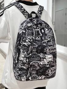 Casual Large Capacity Graffiti Contrast Color Multi-Pocket Functional Backpack, Unisex, Versatile For School, Errands, Travel, Suitable For Back To School Back To School Supplies