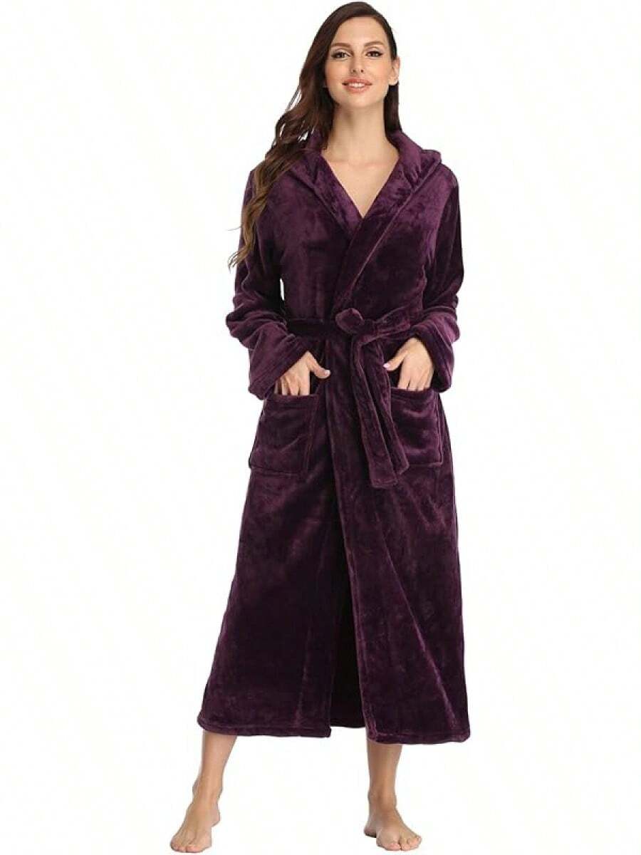 Womens Robes  Fleece Hooded Bathrobe Thick Nightgown With Pockets Fluffy Sleepwear - 深紫色 - 查看 1