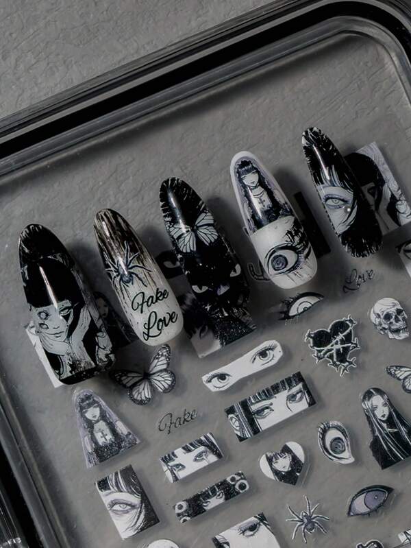 1 Midnight Dark Revenge Comic Art Sticker With A Japanese Horror Black And White And Other Graphics, Suitable For Personal DIY And Nail Salon Use