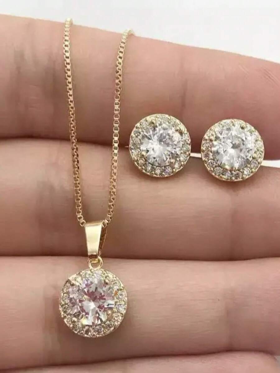 Heart/Drop/Round Necklace And Earring Set Studded With Zirconia Semi-Jewelry - Làm lại - Xem 1