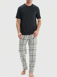 Lightweight Summer Pajama Set For Men, Round Neck Solid Color Pullover Short Sleeve Tee & Plaid Print Pants, Casual And Comfortable Home Wear Two Pieces
