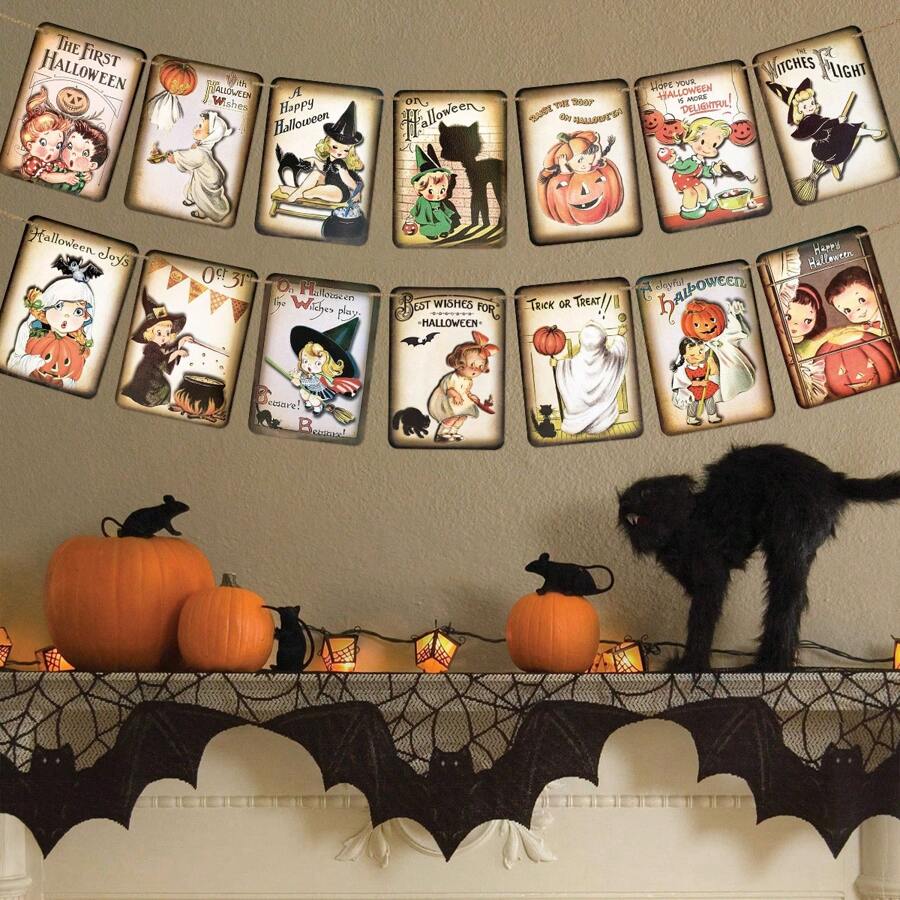 14 件/套万圣节节日装饰不给糖就捣蛋横幅，复古风格南瓜猫万圣节悬挂横幅家居装饰彩旗花环，万圣节派对装饰万圣节装饰秋季装饰房间装饰秋季装饰