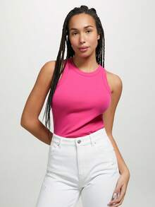 1pc Plain Knitted Fabric Ribbed Elastic Ice Silk Strap Tank Top, Suitable For Beach, Sports, Daily, Home, Spring/Summer/Autumn