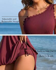 Ribbed One Shoulder Swim Dress With Tummy Control For Women - 深勃根地酒紅色 - 查看 7