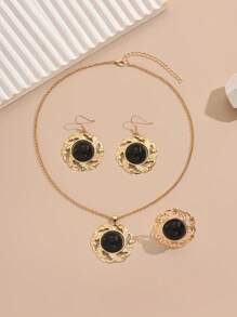 1 Conjunto (1 par de pendientes geométricos retro, 1 collar con colgante circular geométrico, 1 anillo con estampado floral redondo) - Adecuado para cualquier ocasión, estilo de moda vintage