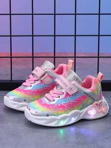 MGO Kidss Tênis esportivos infantis coloridos com luzes LED e estrelas brilhantes MGO Kids, tênis casuais confortáveis de princesa para meninas, outono/primavera de 2025, adequados para crianças de 1 a 6 anos, rosa