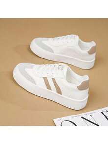 女士户外运动休闲鞋，当季小白鞋，女士新款校鞋，软底工作鞋，百搭滑板鞋，平底鞋 - 白卡其色 - 查看 14