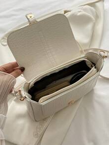 Women's Fashion Crocodile Print Solid Color Leather Belt Decor Flap Square Crossbody Bag - White - View 6