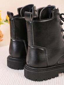 1 Pair Teens/Youth Boots, Solid Color Soft Patent PU Leather, Metal Zipper Inside, Lace-Up Front, Round Toe, Thick Sole, Non-Slip, Comfortable Mid-Calf Ankle Boots, Suitable For Male & Female Students, Casual, Travel, Holiday