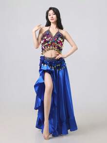 3Pcs Belly Dance Outfit For Women - Embroidered Sequins Skirt With High Split, Chiffon Sexy Crop Top & Shiny Hip Scarf Belt | Viral Arabic Dance Costume Set