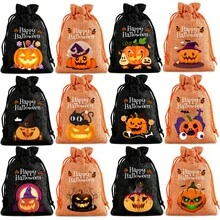 12pcs/Pack Halloween Burlap Print Gift Drawstring Pouches, Funny Pumpkin Pattern Gift Bags Suitable For Halloween Party, Halloween Decoration