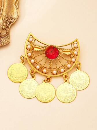 1pc Vintage Crescent Moon Gold Brooch Faux Pearl Decorated Coin Fringe Arab Jordanian Kurdish Dress With Women's Jewelry