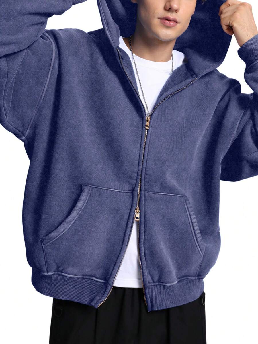 Faiable Mens Womens Double Zip Up Hoodie Oversized Acid Wash Hoodies Heavyweight Fleece Cotton Zipper Hoodie Vintage - 寶藍色 - 查看 1