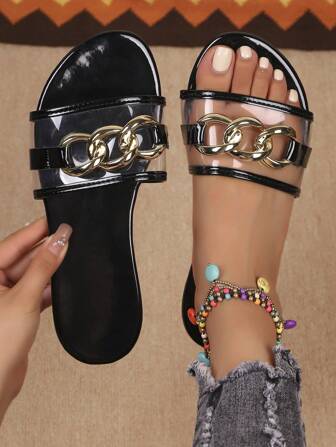 Damen Flache Sandalen mit funkelndem, verziertem Zehriemen, PVC Lässig Slides für Party/Urlaub, Mode