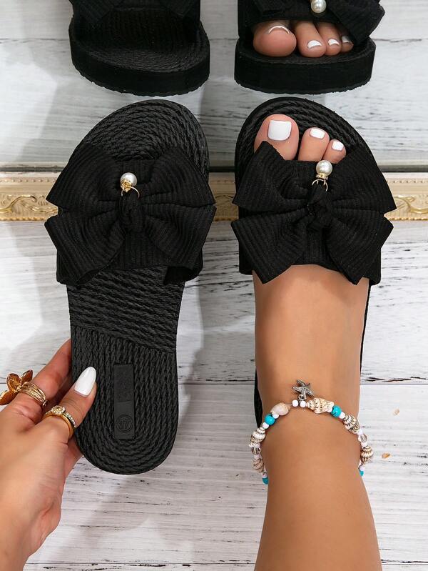 Women's Fashion Bow-Tie Strap One-Strap Flat Slide Sandals, Comfortable Open Toe Casual Lightweight Beach Pool Slippers, Non-Slip Durable Indoor/Outdoor Wear