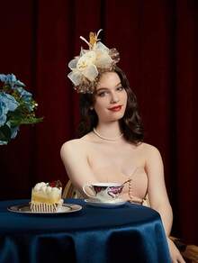 Derby Fascinators Women High Tea Party Hat Wedding Cocktail Flower Headware With Mesh And Feathers - Gold & Beige - View 2