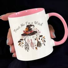 Hexen Keramik Kaffeebecher - wiederverwendbare isolierte Camping Tasse mit Hexenhut, Fledermaus und Spinnwebenmuster - Nur Handwäsche, geeignet für Outdoor-Enthusiasten und Halloween Geschenke - Unisex weißer Becher