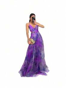 Spring And Summer New Mesh Printing Suspender Dress INS Vacation Casual Party Dress - 紫色 - 查看 3