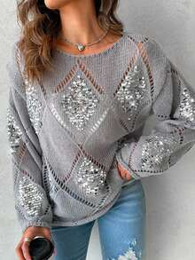 Apperloth A Fall/Winter Clothes For Women Sweater Splicing Sequins Hollow Out Semi-Sheer Rolled Edge Long Sleeve Tops Crew Neck Knit Pullover Without Vest Business Casual Daily Wear Christmas Clothes Old Money Style﻿