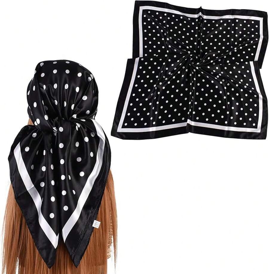 35 Inches Silk Head Scarf-Satin Hair Scarves Silk Bandana Scarf Headscarf For Women's Fashion Scarveshalloween - 波爾卡圓點 - 黑色 - 查看 1