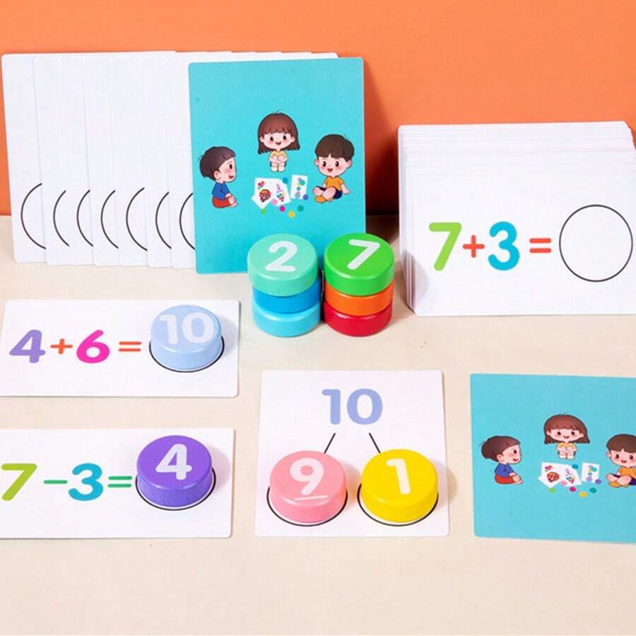 升级版数学运算积木，10以内加减法识别匹配益智玩具，10块数字积木和56张计算卡，适合男孩、女孩、数学学习家庭工具