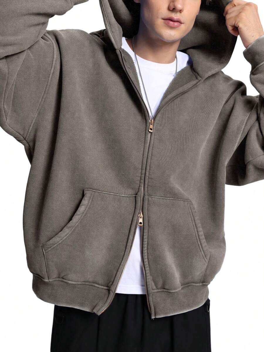 Faiable Mens Womens Double Zip Up Hoodie Oversized Acid Wash Hoodies Heavyweight Fleece Cotton Zipper Hoodie Vintage - 灰綠色 - 查看 1