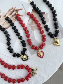1 pieza Collar con colgante de perla de resina de estilo elegante y lujoso Y2K, con cuentas de cobre en forma de corazón, color rojo, regalo de joyería para hermanas, parejas, adecuado para el Día de San Valentín, citas, fiestas, bodas, vacaciones, Navidad, usar joyería roja - collar - View 6