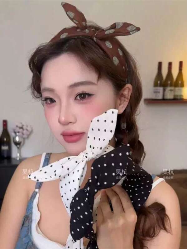 1pc Vintage Polka Dot Wide Adjustable Ear Decor Ribbon Headband, Girl Aesthetic