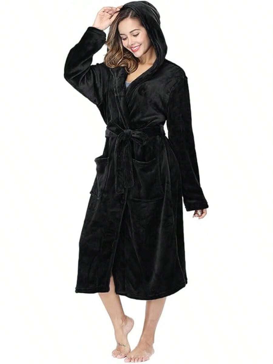 Womens Robes Fleece Hooded Bathrobe Thick Nightgown With Pockets Fluffy Sleepwear - 黑色 - 查看 1