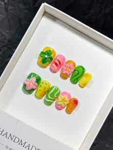 10片/套欧美风格短发指甲，3D热带花卉雕刻设计，手绘渐变扎染六边形奢华手工可穿戴指甲，Y2K坏女孩风格，优雅大方，适合女士和女孩佩戴。按压式指甲美甲用品 - 彩色 - 查看 6