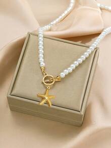 1 pieza Collar con colgante de estrella de mar de acero inoxidable con cierre de T, diseño de perla falsa, adecuado para mujeres en verano y viajes (no incluye caja de joyería) - estrella de mar - Ver 2