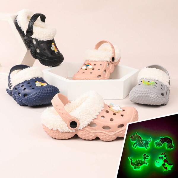 Pink Cave Shoes Glow-In-The-Dark Shoes Flower Decoration Boy And Girl With The Same Children's Padded Warm Shoes