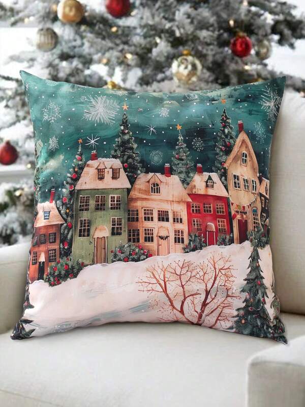 2 piezas Funda de almohada de Invierno Vintage Wonderland - Diseño de casa de bosque nevado y copo de nieve, decoración navideña de granja, funda de cojín con cremallera de poliéster (solo un lado, sin relleno), decoración de invierno, decoración navideña, suministros para fiestas navideñas, regalo de Navidad, decoración de Navidad, decoración del hogar, adornos navideños