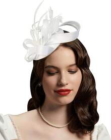 Derby Fascinators Women High Tea Party Hat Wedding Cocktail Flower Headware With Mesh And Feathers - Y-白色 - 查看 1