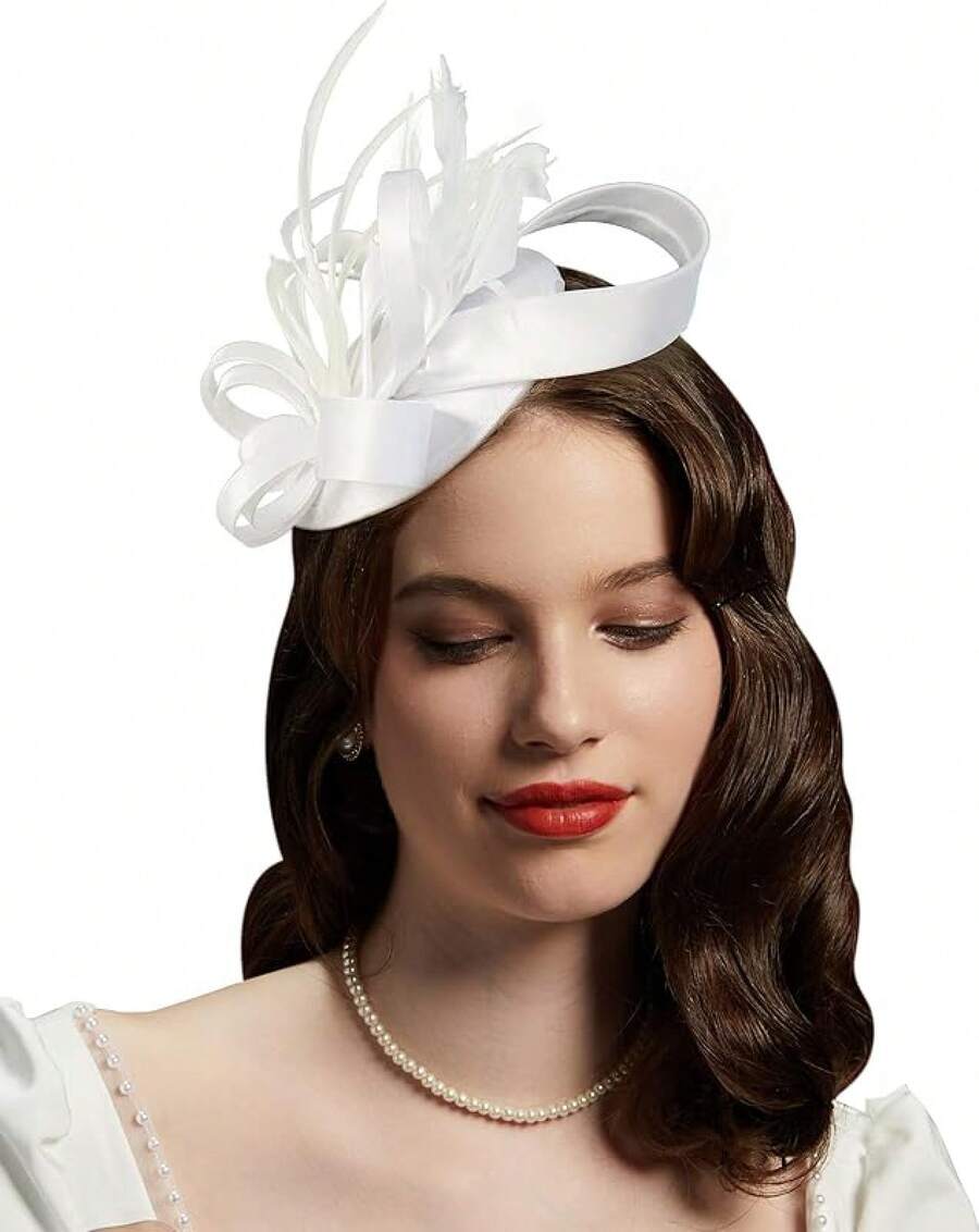 Derby Fascinators Women High Tea Party Hat Wedding Cocktail Flower Headware With Mesh And Feathers - Y-白色 - 查看 1