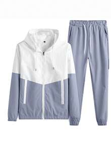 2pcs/Set Men Casual Sports Jacket & Pants Tracksuit, Fashionable & Sporty Look For Spring/Autumn - Light Grey - View 2