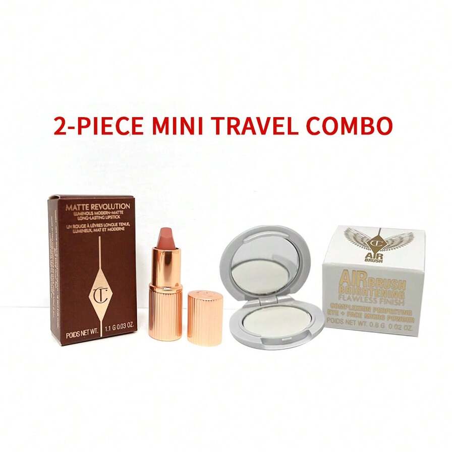 Charlotte Tilbury CT Mini Airbrush Powder & Lipstick Duo | 2-Piece Makeup Travel Set | Air Brush Brightening Loose Powder (0.8g/0.02oz), And Lipstick Icon Baby (1.1g/0.03oz) Travel Size - BỘ DU LỊCH-2 CÁI-PL - Xem 1