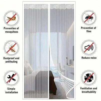 1 pieza Cortina de puerta con encaje blanco magnético, mosquitera de malla de verano, diseño de patrón rayado, antiinsectos, adecuado para cocina, sala de estar, dormitorio, cortina silenciosa